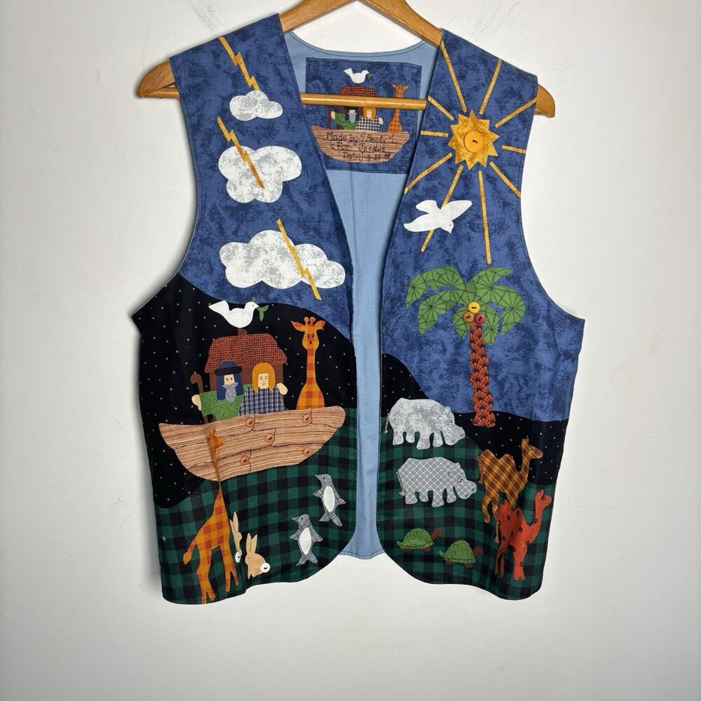 Vintage Handmade Vest XL Cotton Reverse Open Style Animals Noahs Ark Bible 1998